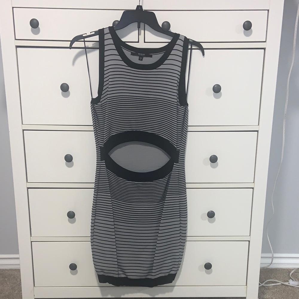 Guess Black and Gray Striped Midi Dress